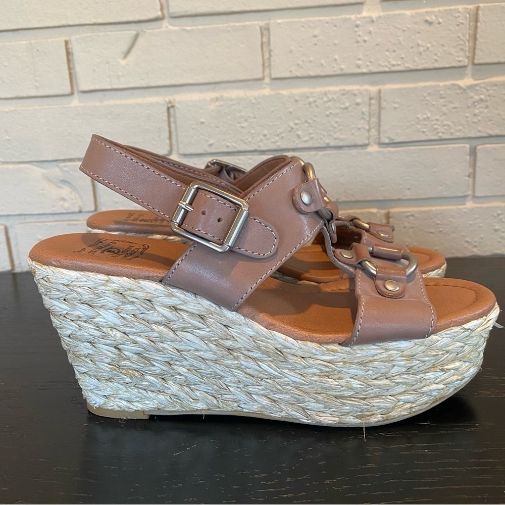 Lucky Brand Taupe Leather Espadrille Wedge Sandals
